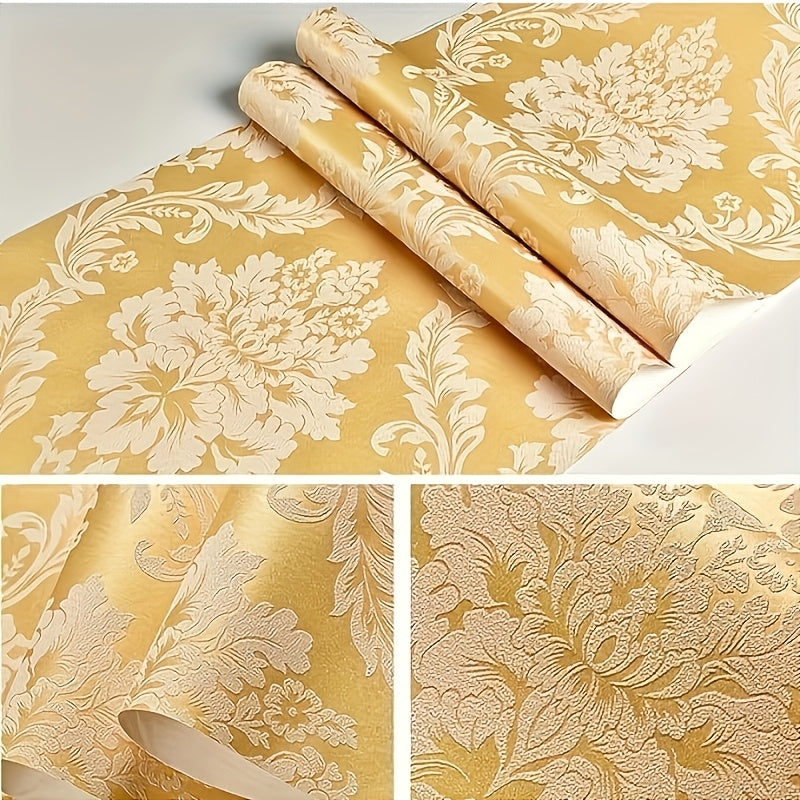 Luxurious Golden Yellow Floral Satin Wallpaper