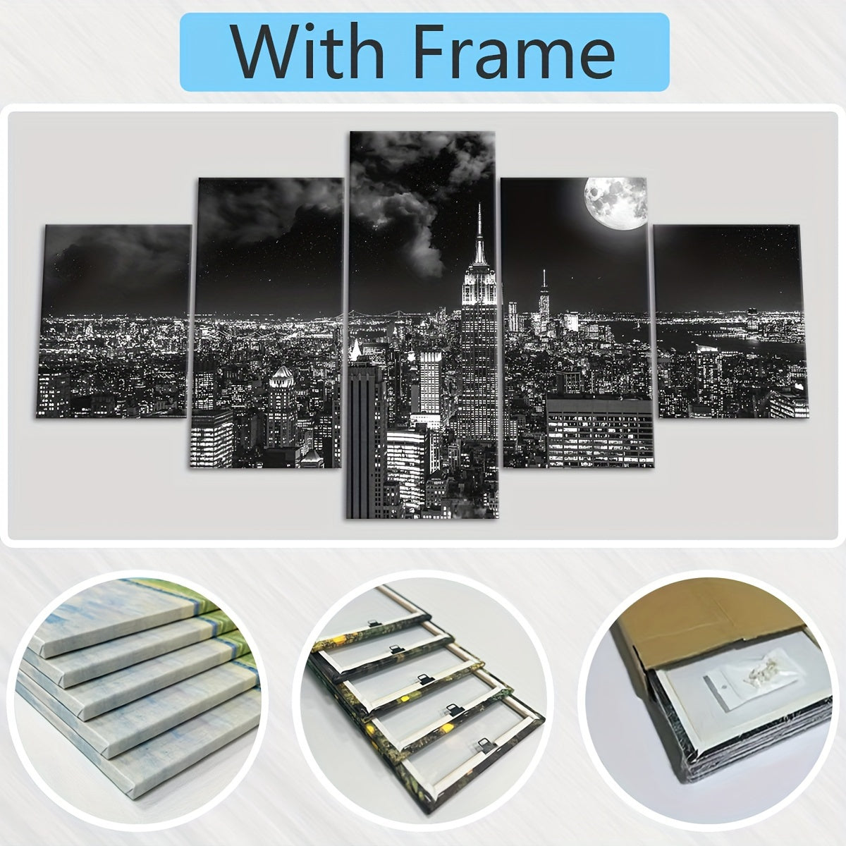 Art Deco Urban Night View Canvas Wall Art Set, Black and White City scape - 5pcs