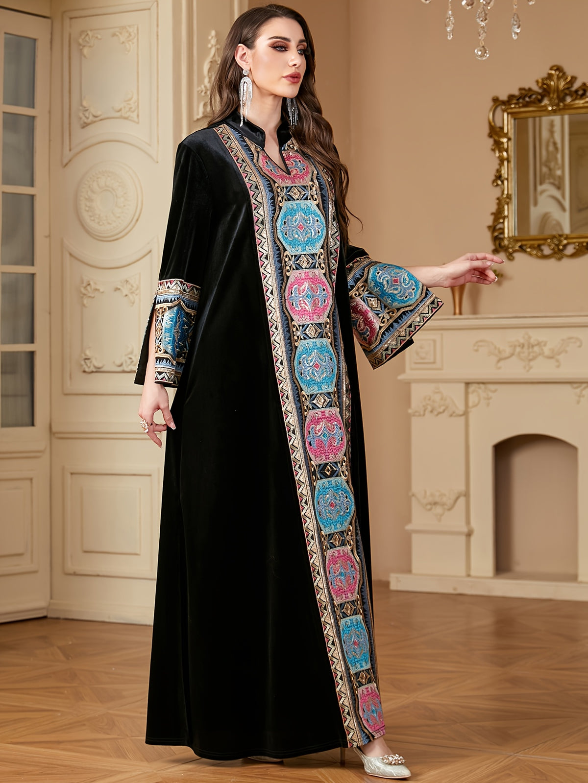 Women's Autumn and Winter Fashion V-Neck Elegant Retro Patchwork Solid Color Loose Arabic Long Dress