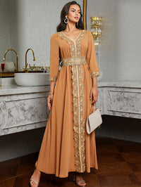 Ramadan Lace Trim V Neck Kaftan, Elegant Long Sleeve Maxi Dress, Women's Clothing