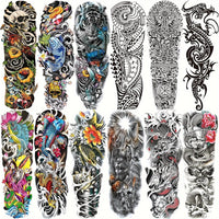 Full Arm Temporary Tattoos, Colorful Skull Tiger Fish Tribal Totem And Dragon - 12pcs