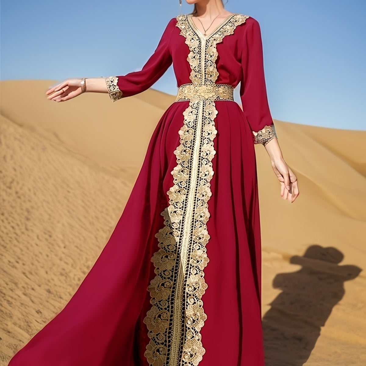 Ramadan Lace Trim V Neck Kaftan, Elegant Long Sleeve Maxi Dress, Women's Clothing