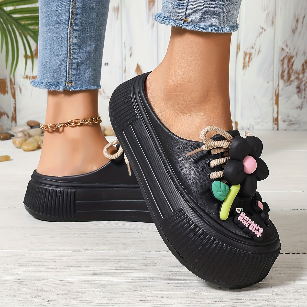 Women's Flower Decor Clogs, Casual Hollow Out Design Garden Shoes, Comfortable Slip On Beach Shoes