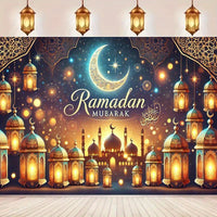 1pc Ramadan Mubarak Night Sky Backdrop - Elegant Crescent Moon & Lanterns Design, Reusable Polyester Party Banner for Indoor/Outdoor Eid Celebrations, Spring & Summer Festive Decor, Festive Backdrop | Elegant Lettering Design